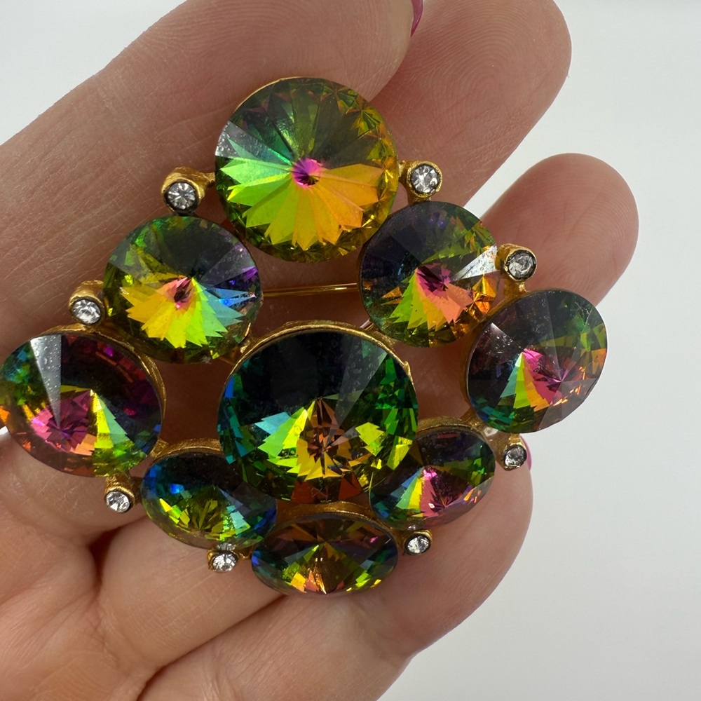 Weiss Green & Multi-Colored Rivoli Rhinestone Brooch Pin - Picture 3 of 6